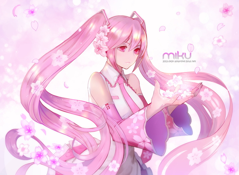 vocaloid, blossoms, miku, petals, astarone, hatsune, long, twintails, sakura, 720P, cherry, hair, pink, eyes