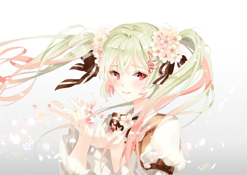sakura, eyes, platina77, twintails, flowers, bow, hair, cherry, red, green, vocaloid, 720P, blossoms, long, white, miku, hatsune