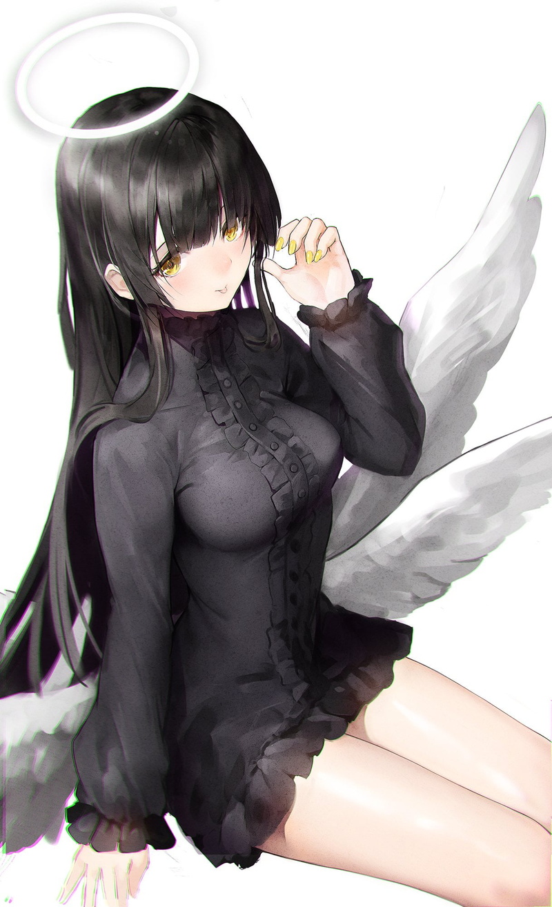 thighs, yellow eyes, anime girls, long hair, original characters, wings, 1080P, black dress, Haori Iori, black hair