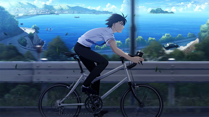 casual clothing, transportation, nature, water, riding, land vehicle, lifestyles, leisure activity, side view, day, young adult, grisaia series, bicycle