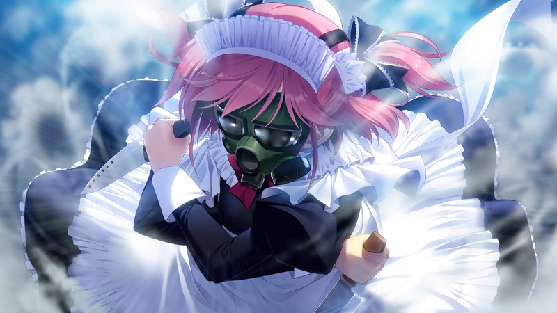 maid outfit, maid, gas masks, knife, Komine Sachi, 2K, visual novel, anime girls, Grisaia no Kajitsu, pink hair, anime