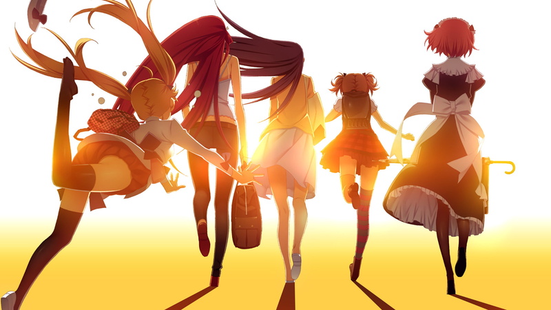 silhouette, Anime, drink, Grisaia No Kajitsu, lifestyles, creativity, dancing, back lit, sunset, yellow, nature, Sachi Komine, Yumiko Sakaki, group of people