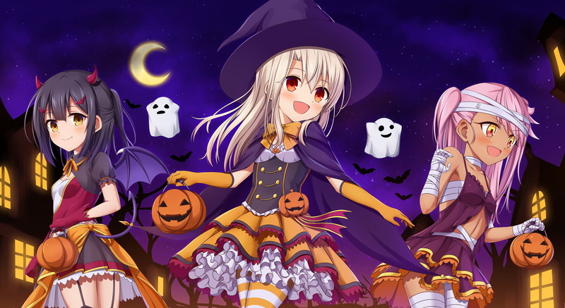 Miyu Edelfelt, witch hat, Halloween, Jack O Lantern, wings, Chloe von Einzbern, Illyasviel von Einzbern, anime girls, Fate/kaleid liner Prisma Illya, 2K
