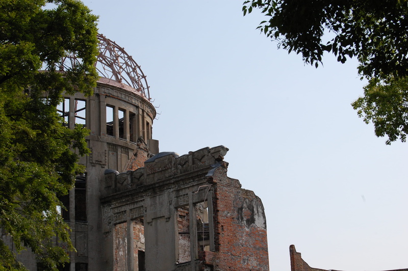 atomic bomb dome, no people, place of worship, outdoors, ruined, clear sky, plant, belief, hiroshima, travel, low angle view, ancient history, travel destinations