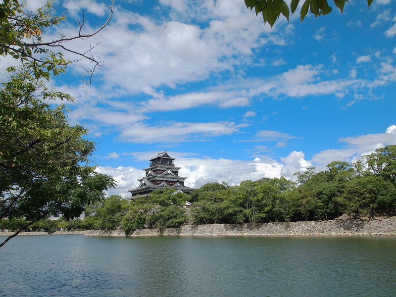 castle, pond, green, building exterior, cultures, blue sky, scenics - nature, day, non-urban scene, tranquil scene, blue, hiroshima, temple - Building