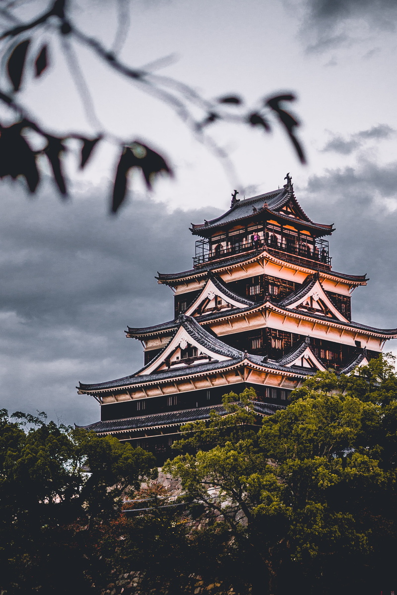 infrastructure, place of worship, tourism, low angle view, building, cloud - sky, plant, belief, sky, religion, outdoors, 4K, trees, design, tree, hiroshima castle