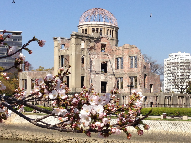day, no people, japan, flowering plant, tree, outdoors, cherry blossoms, building, belief, built structure, sky, dome, a-bomb dome, springtime, travel destinations
