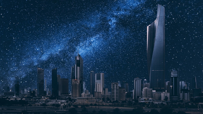 night, city, tower, stars, Dubai, Kuwait, 1080P