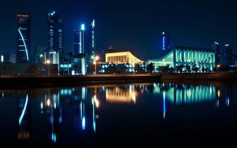 night, cityscape, Kuwait, city, lights, 1080P, reflection, water