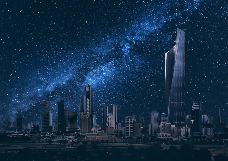 blue, light - Natural Phenomenon, night city, asia, gray, building Exterior, space, backgrounds, dark, landscape, panoramic, Kuwait, Kuwait City, built Structure