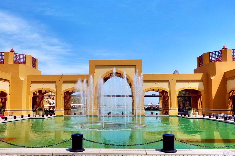waterfront, kuwait, travel destinations, sky, mall, arch, incidental people, fountain, day, pool, architectural column, 1080P, blue sky, swimming pool