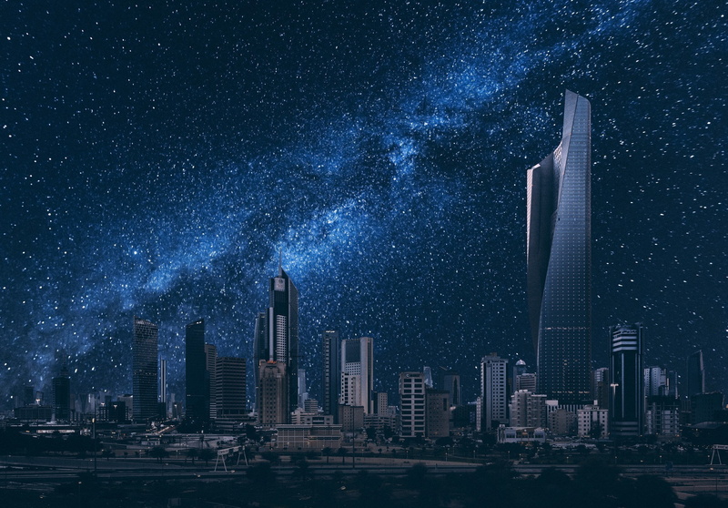 building, skyscraper, 1080P, architecture, financial district, building exterior, urban skyline, outdoors, modern, astronomy, milky way, landscape, star - space