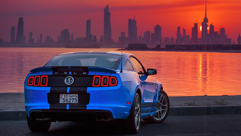 landscape, water, 1080P, shelby gt500 ford usa car ford mustang shelby sunrise kuwait blue cars, car, sunset, built structure, dusk, cityscape, sky, building exterior