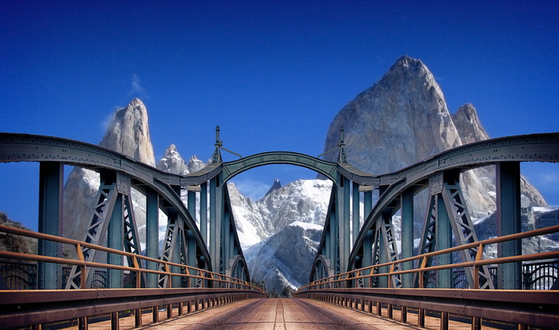 the way forward, architecture, photo, outdoors, transportation, bridge, near, direction, cold temperature, argentina, road, cerro torre, metal, clear sky