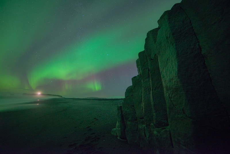 basalt, rocky, no people, green, dramatic sky, mountain, aurora borealis, sky, nature, aurora, astrophotography, idyllic, night, star - space, sea, lights