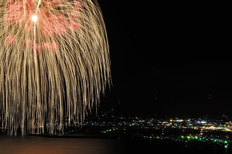 architecture, outdoors, makurazaki city, night, event, tv, sky, illuminated, 4K, exploding, black, traditional Festival, firework Display, flat, celebration