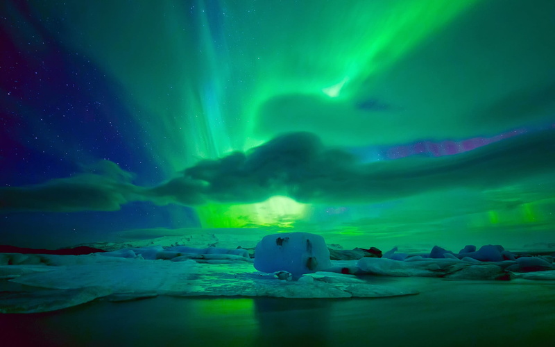 beauty in nature, tranquil scene, environment, scenics - nature, no people, sky, Nature, night, snow, fl, sea, tranquility, lagoon, lights, aurora, green color