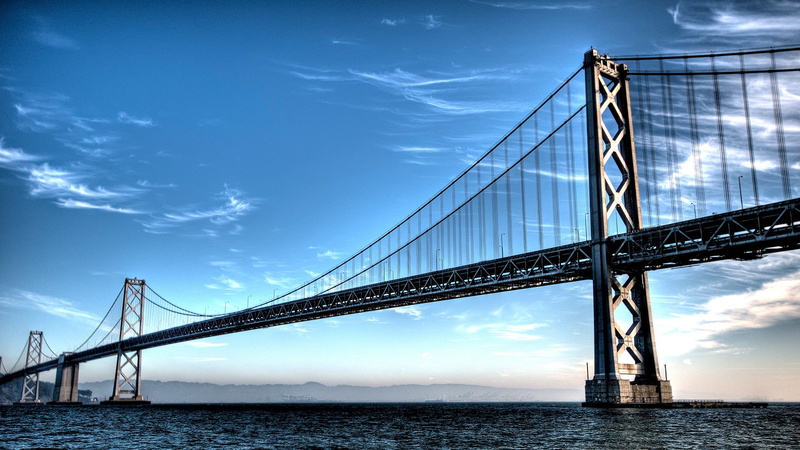 clouds, 1080P, lake, Bay Bridge, water, bridge, sky, mountains, river