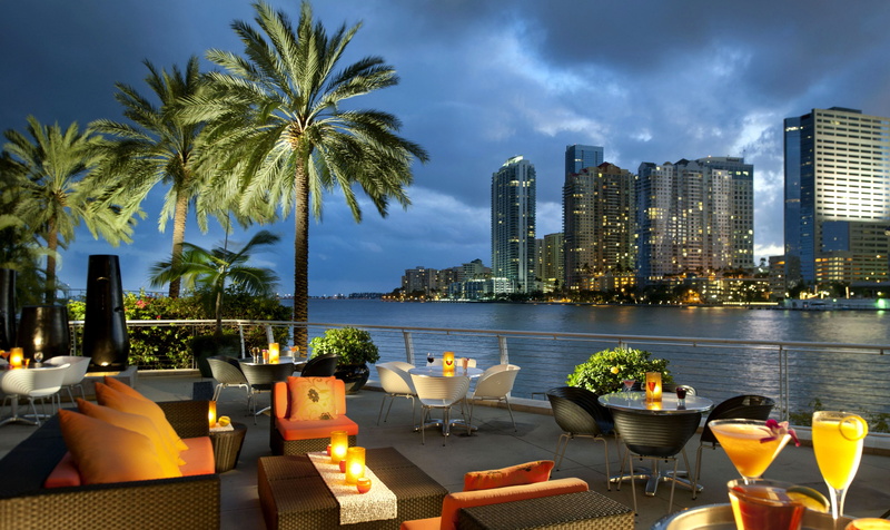 the ocean, palm trees, tables, 4K, cafe, Miami, FL, the city, USA, Bay