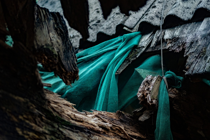 rock - object, denim, tree, dye, focus on foreground, hood, no people, cloak, wood, broken, clothing, 5K, cape, solid, roof, green color, day, scarf, turquoise colored