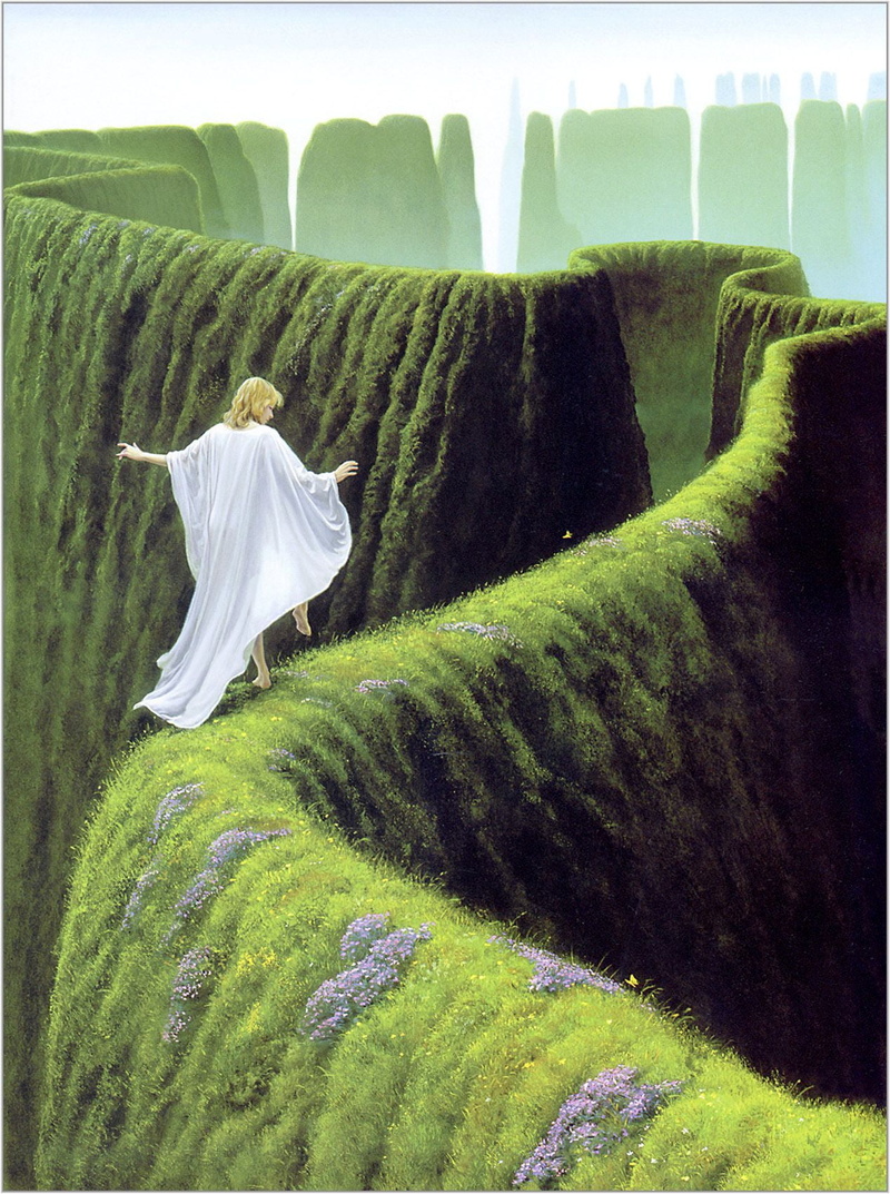 white dress, fantasy art, flowers, grass, mountains, surreal, cloaks, painting, 720P, artwork, green