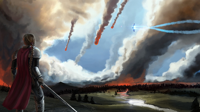 warrior, back, sword, art, ship, girl, explosions, 2K, cloak, greens, river