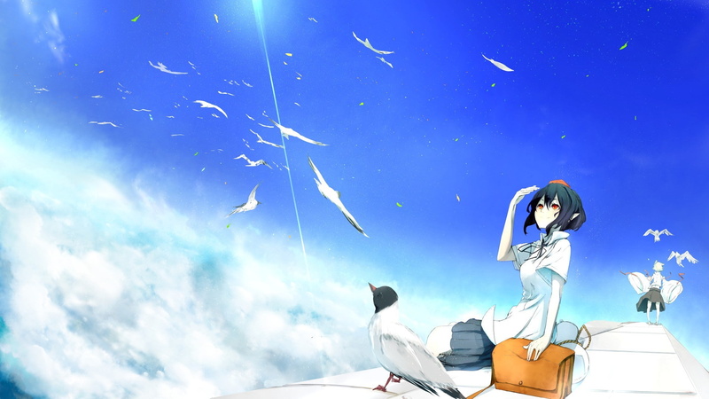 clouds, 1080P, Inubashiri Momiji, anime girls, airplane, Okamimimi, birds, Touhou, Shameimaru Aya, sky, anime