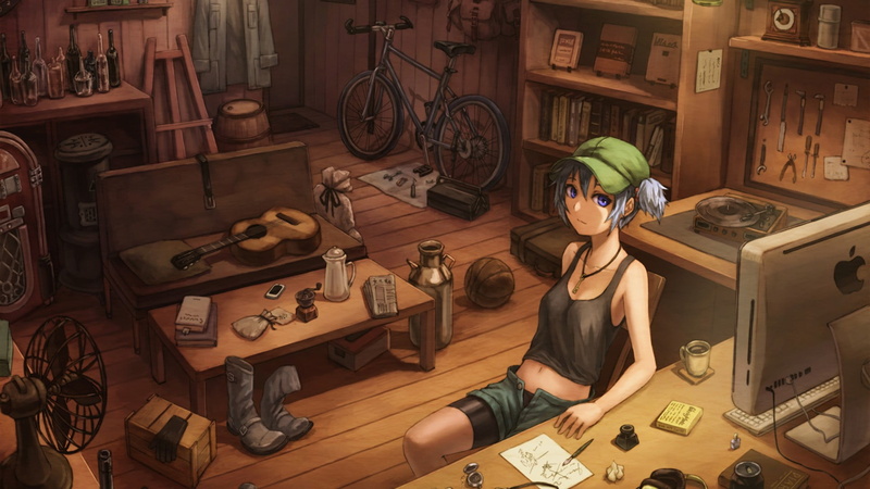 anime girls, wood - material, table, one person, occupation, casual clothing, 1080P, domestic room, home interior, anime, real people, indoors, furniture