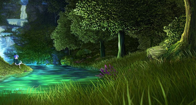 green color, growth, no people, illuminated, plant, flowing, waterfront, river, tree, beauty in nature, anime, Kawashiro Nitori , water, scenics - nature