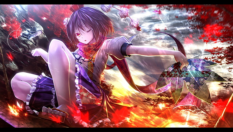 touhou, com, hair, scarf, aya, black, eyes, short, leaves, red, hat, 245720, shameimaru, autumn, fan, camera, ryosios, wink, dress, 720P, konachan