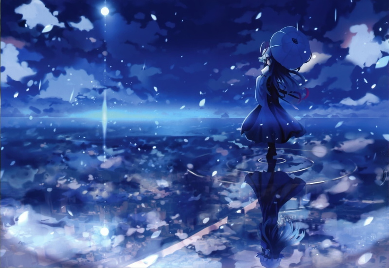 skyscapes, eefy, girls, touhou, reflections, shino, yukari, Blue, 2K, umbrellas, yakumo, hd, art, water, anime, scenic, night