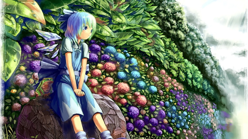 Cirno, human representation, anime, healthy eating, food and drink, one person, purple, real people, Touhou, nature, outdoors, multi colored, food, fruit