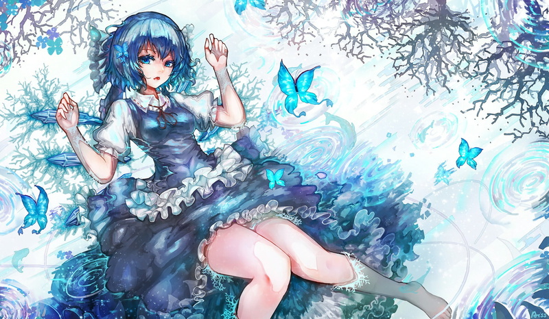 indoors, real people, blue hair, Cirno, 1080P, adult, anime girls, three quarter length, women, females, butterfly, Touhou, portrait, front view, blue
