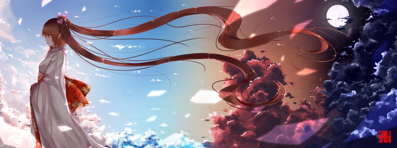 dusk, clouds, himekaidou, clothes, moon, sky, 1080P, kimono, hatate, dawn, long, hair, japanese, touhou