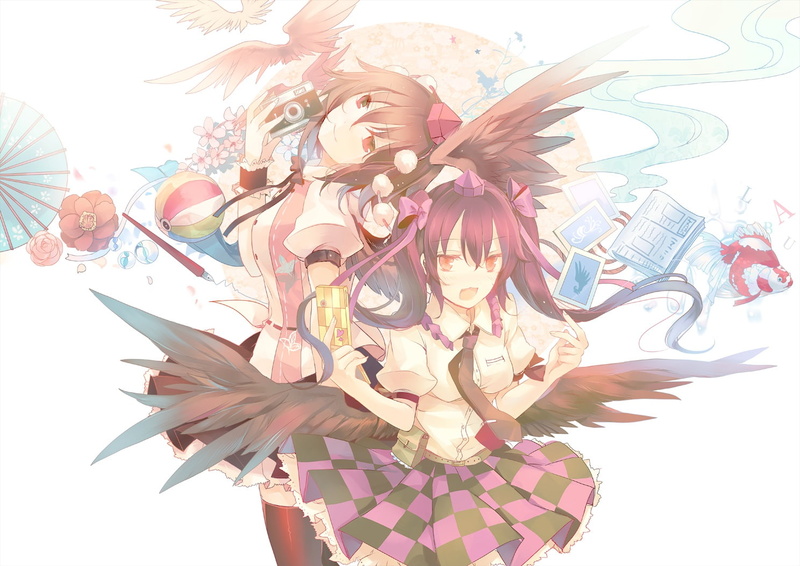 hatate, himekaidou, hat, white, fish, touhou, wings, 720P, kirero, camera, shameimaru, animal, bird, skirt, aya
