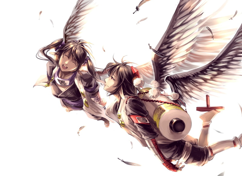 headband, touhou, twintails, white, hat, drift, girls, ruukii, shameimaru, wings, 1080P, hair, hatate, short, long, black, aya, brown, feathers, himekaidou