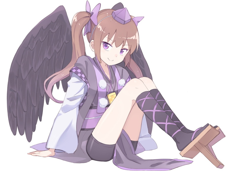 kneehighs, konachan, eyes, twintails, (artist), japanese, com, clothes, shorts, tagme, hair, himekaidou, 252833, hatate, brown, purple, wings, hat, touhou