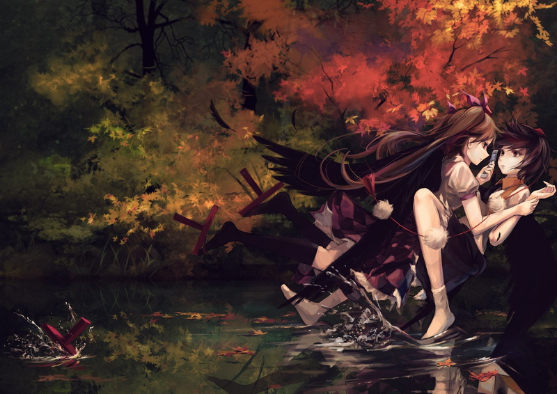 water, leisure activity, outdoors, Hatate Himekaidou, autumn, nature, people, leaf, lake, men, plant part, standing, 1080P, lifestyles, adult, real people