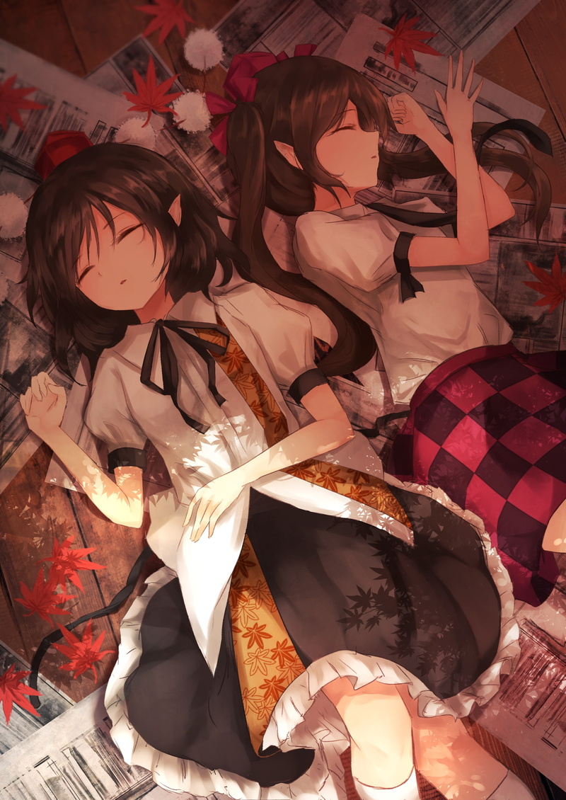 still life, no people, furniture, shameimaru aya, 2K, ribbons, human representation, event, himekaidou hatate, decoration, creativity, high angle view