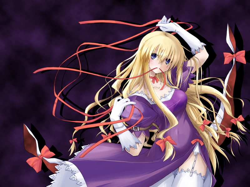 one person, nature, blonde, woman, women, haired, ribbons, young adult, blond hair, ribbon, touhou yakumo yukari, looking at camera, waist up