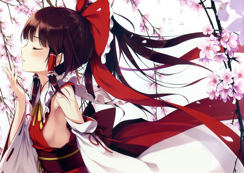 reimu, touhou, 2K, brown, ke-ta, flowers, miko, hakurei, long, hair, petals, japanese, clothes