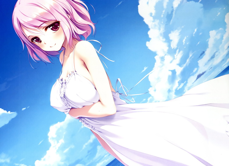 red eyes, ke-ta, 2K, pink hair, white dress