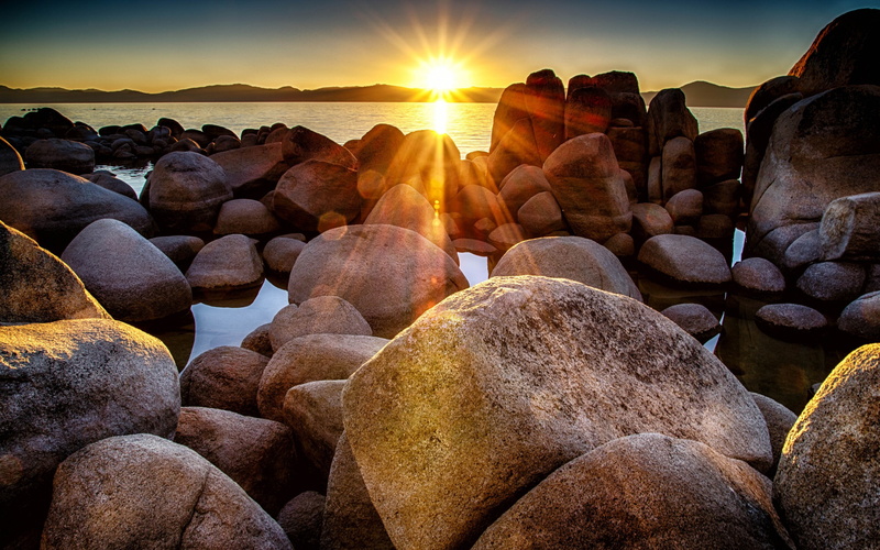 sun, rocks, bay, boulders, beach, Sunset, 2K