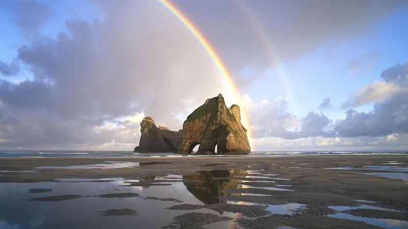 beach, boulder, clouds, rainbow, 1080P, nature and landscapes
