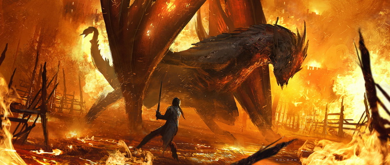 Juan Pablo Roldan, digital art, creature, artwork, warrior, fantasy art, environment, cinematic, illustration, sparks, burning, dragon, fire, Clash, sword