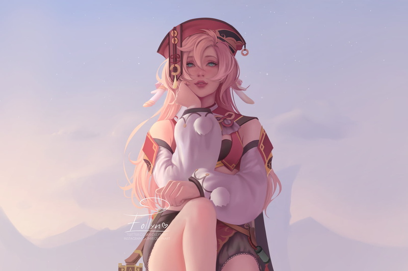 green eyes, anime girls, sky, mountains, 720P, hat, Genshin Impact, pink hair, anime, clouds, freckles, Yanfei(Genshin Impact), long hair