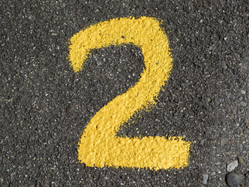 digit, directly above, high angle view, marking, asphalt, textured, Yellow, 2 on, road marking, road, no people, communication, two, black color, 2, number