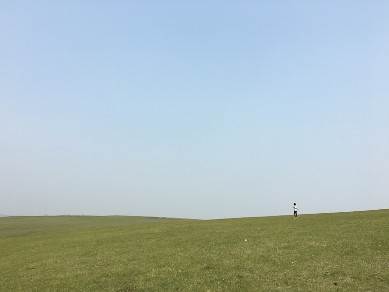 sky, copy space, farm, grassland, person, clear sky, horizon, slope, grass, human, building, tower, beauty in nature, 4K, plant, environment, scenics - nature