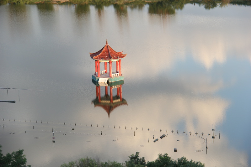 no people, ethereal, travel, lake, inner mongolia, water, natural, building exterior, cloud, built structure, 5K, alxa, plant, tree, building, day, pagoda