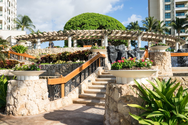 staircase, railing, nature, sunlight, travel Destinations, tropical Climate, tree, built structure, sea, sky, formal Garden, plant, flower pot, luxury